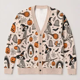 Spooky Skeletons Riding Brooms with Pumpkins for Cozy Autumn Vacation Outfits and Gifts All-over Print Knitted Cardigan