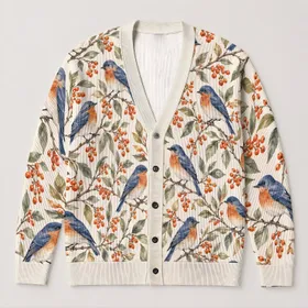 Songbird Berry Motif for Casual Layering, Nature Lovers and Everyday Weekend Outings All-over Print Knitted Cardigan