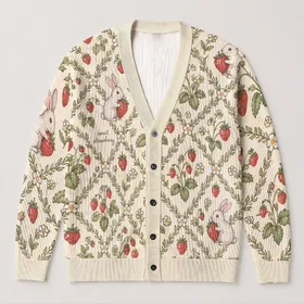 Cute Bunny Strawberry Garden Motifs For Cozy Everyday Layering And Spring Outings All-over Print Knitted Cardigan