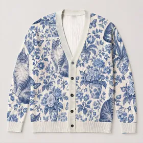 Blue Cat Floral Motifs for Cozy Autumn Layering, Vacation Dates, and Cat Lover Gifts All-over Print Knitted Cardigan