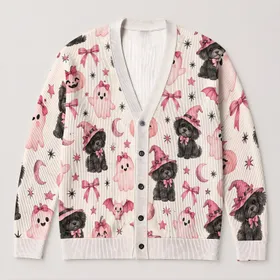 Pink Halloween Dogs, Bats and Ghosts for Cozy Autumn Layering for Women Dog Lovers All-over Print Knitted Cardigan