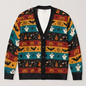 Halloween Pumpkins, Bats & Ghosts for Spooky Autumn Parties and Cozy Fall Celebrations All-over Print Knitted Cardigan