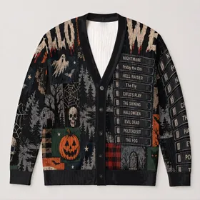 Vintage Horror VHS Tape Stack for Halloween Movie Nights and Retro Autumn Fans All-over Print Knitted Cardigan
