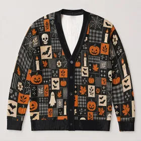 Halloween Ghost Pumpkin Skull Patchwork for Cozy Autumn Gatherings and Spooky Season All-over Print Knitted Cardigan