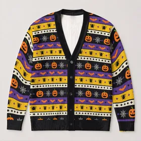 Halloween Pumpkins, Bats And Spiders For Cozy October Nights And Seasonal Gatherings All-over Print Knitted Cardigan
