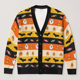 Halloween Ghosts, Candy Corn and Bats for Trick-or-Treat Party Outfit Styling Fun All-over Print Knitted Cardigan