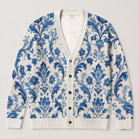 Blue White Damask Floral Motifs for Spring Gatherings and Everyday Layering Women All-over Print Knitted Cardigan