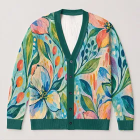 Colorful Abstract Floral Blooms for Spring Layering and Casual Outings for Everyday Women All-over Print Knitted Cardigan