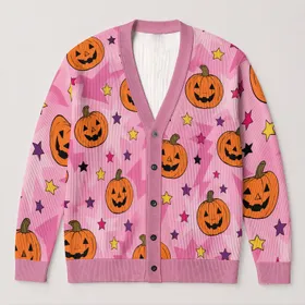 Pink Jack-O'-Lantern Stars For Autumn Parties, Cozy Layering, And Fall Vacations All-over Print Knitted Cardigan