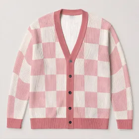 Blush Pink Gingham Checks for Everyday Layering and Workwear Style for Modern Women All-over Print Knitted Cardigan