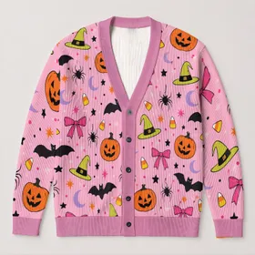Pink Halloween Bats Pumpkins And Bows For Festive Autumn Gatherings And Parties Women All-over Print Knitted Cardigan