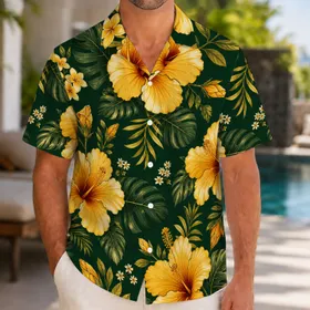 Black Hibiscus Floral Couple Beach Look for Tropical Getaways and Resort Travel Style Hawaiian Shirt