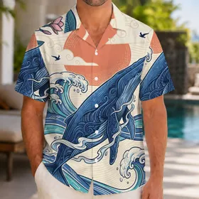 Ukiyo-e Blue Whale and Wave Scene for Island Vacations and Coastal Weekend Wear Hawaiian Shirt
