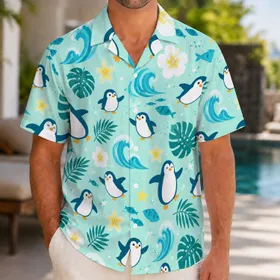 Cute Blue Penguin and Ocean Motifs for Sunny Beach Days, Island Trips and Summer Getaways Hawaiian Shirt