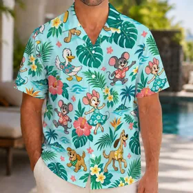 Five Cartoon Animal Friends Celebrate a Tropical Beach Vacation for Summer Getaways Hawaiian Shirt