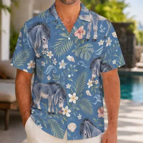 Blue Donkey and Tropical Florals for Relaxed Summer Getaways, Beach Days, and Vacations Hawaiian Shirt