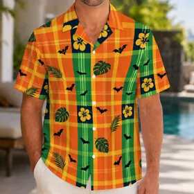 Orange Bat Plaid for Halloween Park Celebrations and Festive Autumn Vacation Getaways Hawaiian Shirt