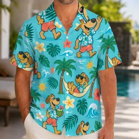 Cheerful Vacation Dog and Tropical Icons for Sunny Beach Getaways and Cartoon Fans Hawaiian Shirt