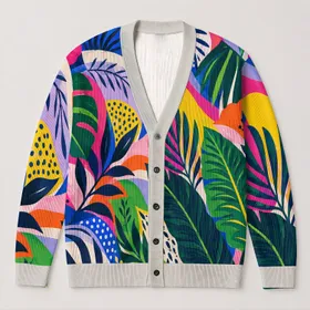 Abstract Botanical Color Blocks for Everyday Layering, Colorful Style for Modern Women All-over Print Knitted Cardigan
