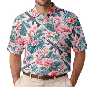 Pink Flamingo Tropical Rifle Jungle Theme for Beach Trips and Resort Weekends Men's Men's Polo Shirt