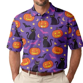 Purple Halloween Cats, Pumpkins and Bats for Spooky Autumn Parties and Festive Fun Men's Polo Shirt