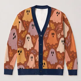 Colorful Ghost Motifs For Cozy Halloween Layering, Quirky Autumn Streetwear Style All-over Print Knitted Cardigan