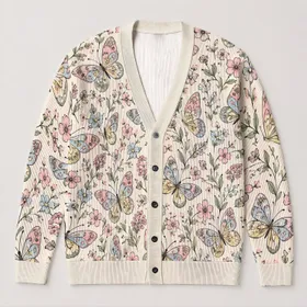 Pastel Butterfly Garden Motifs for Spring Outings and Everyday Layering for Women All-over Print Knitted Cardigan