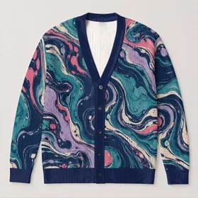Teal Pink Navy Marbled Waves for Everyday Layering and Creative Women’s Street Style All-over Print Knitted Cardigan