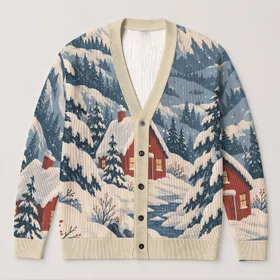 Snowy Cabin Christmas Scene With Pine Trees For Holiday Layering And Festive Gatherings All-over Print Knitted Cardigan