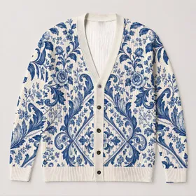 Blue And White Porcelain Florals For Elegant Everyday Layering And Women’s Style All-over Print Knitted Cardigan