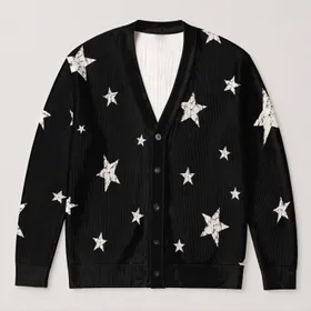 White Star Motifs for Festive Winter Layering and Relaxed Everyday Casual Wear Looks All-over Print Knitted Cardigan