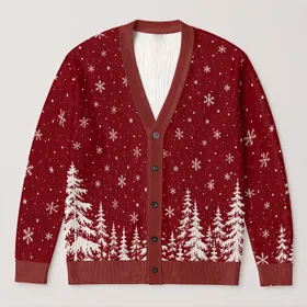 Burgundy Snowy Pine Forest Winter Holiday Style For Cozy Everyday Layering Wear All-over Print Knitted Cardigan