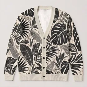 Black White Tropical Leaf Foliage For Relaxed Everyday Layering Women's Casual Style All-over Print Knitted Cardigan