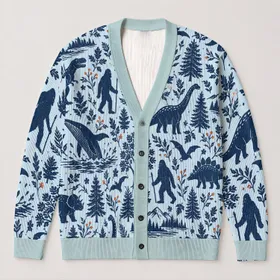 Blue Cryptid Dinosaur Woodland Motifs For Autumn Winter Gift Style For Men And Couples All-over Print Knitted Cardigan