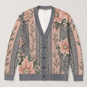 Pastel Floral and Christmas Tree Motif for Cozy Holiday Layering and Everyday Style All-over Print Knitted Cardigan
