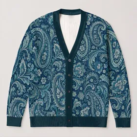 Teal Paisley Bohemian Layering Style For Everyday Travel, Office Days, And Weekend Wear All-over Print Knitted Cardigan