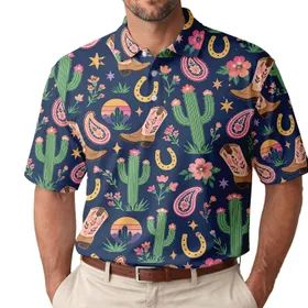 Colorful Western Cactus Boots and Horseshoes for Rodeo Days, Golf, and Cowgirls Men's Polo Shirt
