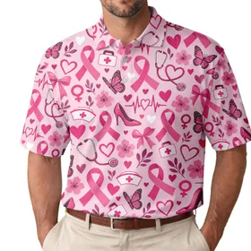 Pink Ribbon Medical Heart Motifs For Breast Cancer Awareness Golf Style Women Athletes Men's Polo Shirt
