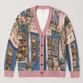 Cherry Blossom Bookstore Scene for Cozy Reading Days, Study Nooks, and Layering All-over Print Knitted Cardigan