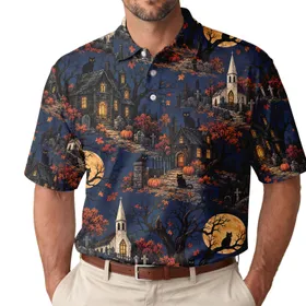 Haunted Village Black Cats Autumn Night Halloween Golf Outing Gift For Men And Women Men's Polo Shirt
