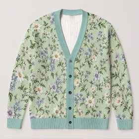 Fresh Mint Daisy Botanical Blooms for Relaxed Autumn Layering, Women's Everyday Style All-over Print Knitted Cardigan