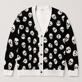 Monochrome Skull Motif for Edgy Casual Layering and Alternative Streetwear Style All-over Print Knitted Cardigan