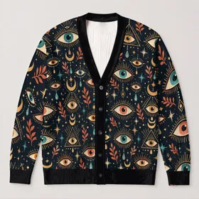 All-Seeing Eye Motif for Everyday Layering and Boho Streetwear, Men’s Mystical Style All-over Print Knitted Cardigan