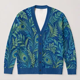 Blue Peacock Feather Botanical Foliage for Elegant Fall Layering and Everyday Style All-over Print Knitted Cardigan
