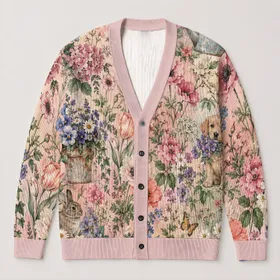 Watercolor Botanical Garden Collage for Relaxed Everyday Layering and Weekend Wear All-over Print Knitted Cardigan