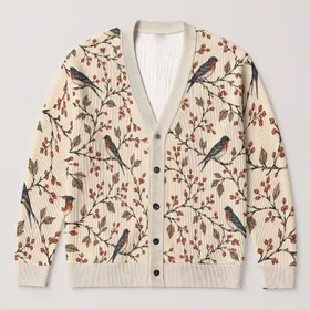 Hand Drawn Swallows and Bare Branches for Cozy Autumn Layering Women's Everyday Style All-over Print Knitted Cardigan