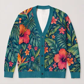 Tropical Floral Leaves in Orange and Pink for Colorful Spring-Summer Layering, Women All-over Print Knitted Cardigan
