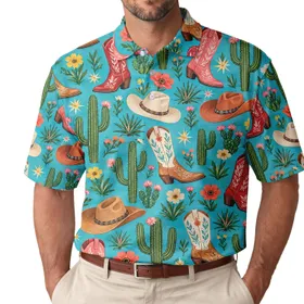 Western Cowboy Boots and Cacti for Country Golf Days, Rodeo Fans and Cowgirl Style Men's Polo Shirt