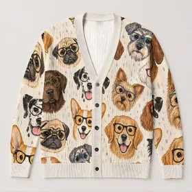 Playful Eyeglass-Wearing Dog Faces for Casual Weekend Layering and Stylish Dog Lovers All-over Print Knitted Cardigan
