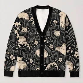 Cream Cat Wave Motifs for Relaxed Everyday Layering, Modern Feline Style for Men All-over Print Knitted Cardigan